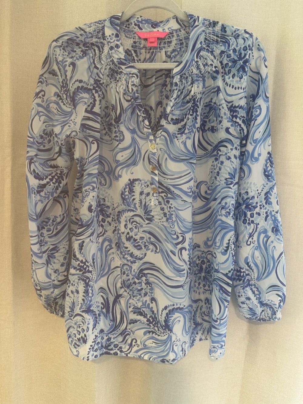Lilly Pulitzer Light Blue Paisley Smocked-Neck Blouse